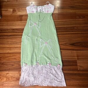 Floral Crochet Dress, Cottagecore Knit Bow Lace Trim Slip‎ Dress